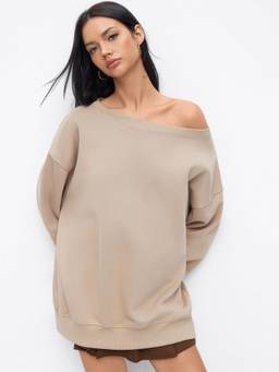 Cider - Cotton Terry Women's Oversized Round Neck Sweatshirt Khaki