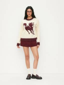 Cider - Knit Horse Graphic Women's Oversized Round Neck Sweater Cream