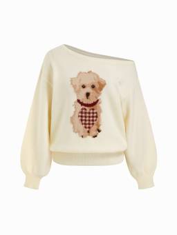 Cider - Knit Women's Puppy Print Asymmetrical Neck Top Cream