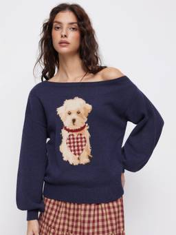 Cider - Knit Women's Puppy Motif Asymmetrical Neck Top Dark Navy