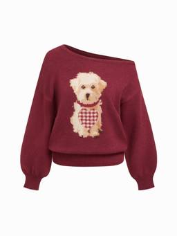Cider - Knit Women's Puppy Graphic Asymmetrical Neck Top Wine