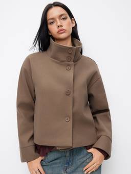 Cider - High Neck Women Button Oversized Solid Jacket Brown