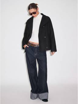 Cider - Wool-look Women High Neck Double Breasted Oversized Jacket Black