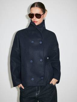 Cider - Wool-look Women High Neck Double Breasted Oversized Jacket Navy Blue