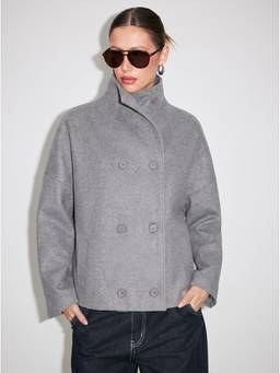 Cider - Wool-look Women High Neck Double Breasted Oversized Jacket Grey