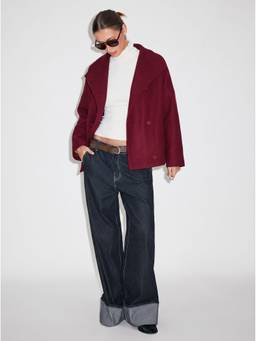 Cider - Wool-look Women High Neck Double Breasted Oversized Jacket Wine