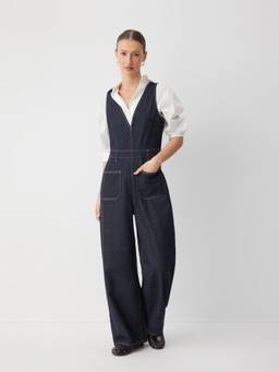 Cider - Denim Women's V-Neck Wide-Leg Jumpsuit Dark Navy