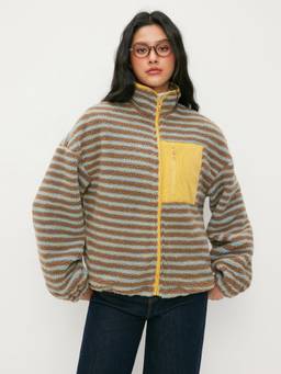 Cider - Fleece Women High Neck Striped Oversized Jacket Baby Blue