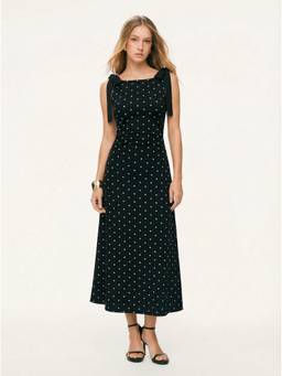 Cider - Cotton Blend Women's Boat Neck Polka Dot Bow Midi Dress Black