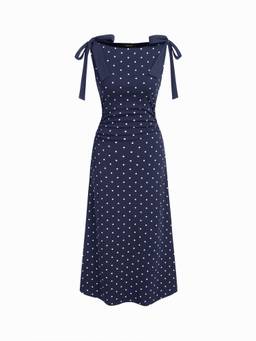 Cider - Cotton Blend Women Polka Dots Boat Neck Midi Dress Navy Blue