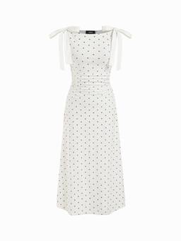 Cider - Cotton Blend Women Polka Dots Bow Boat Neck Midi Dress White