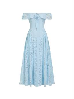 Cider - Lace Sculptural Women Off-Shoulder Knotted Flared Maxi Dress Blue