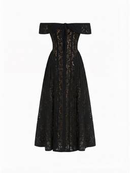 Cider - Lace Sculptural Women's Off-Shoulder Knotted Flared Maxi Dress Black
