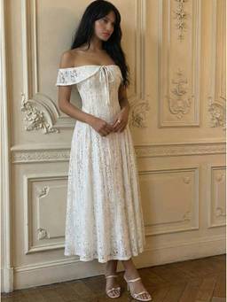 Cider - Lace Sculptural Women's Off-Shoulder Knotted Flared Maxi Dress White