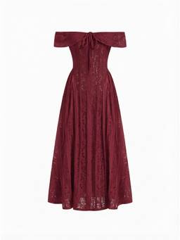 Cider - Lace Sculptural Women's Off-Shoulder Knotted Flared Maxi Dress Wine