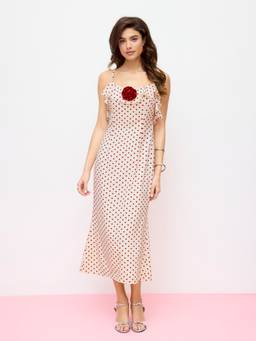 Cider - Satin Polka Dot Women's V-Neck Ruffle Maxi Dress Cream