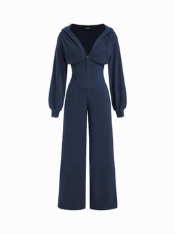 Cider - Jersey Hooded Women's Cinched Waist Zipper Jumpsuit Blue