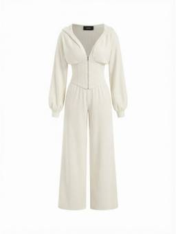 Cider - Jersey Hooded Women's Cinched Waist Zipper Jumpsuit Cream