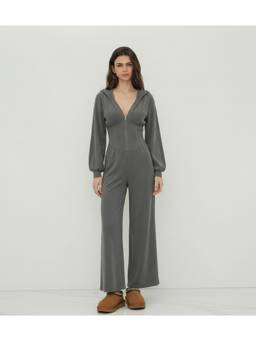 Cider - Jersey Hooded Women's Cinched Waist Zipper Jumpsuit Dark Grey