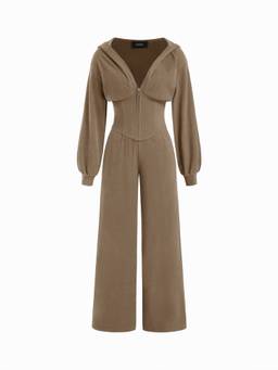 Cider - Jersey Hooded Women's Cinched Waist Zipper Jumpsuit Khaki