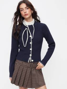 Cider - Knit Bow Tie Women's Stand Collar Button-Up Cardigan Navy Blue
