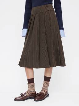 Cider - Striped Women's High-Waist Pleated Midi Skirt Coffee