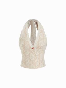 Cider - Lace Women's Rose Detail Halter Neck Crop Top Cream