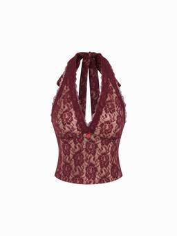 Cider - Lace Women's Halter Neck Rose Detail Crop Top Wine