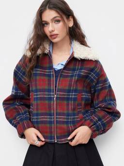 Cider - Faux Fur Trim Women’s Tartan Zip-Through Oversized Jacket Burgundy