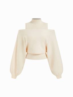 Cider - Knit Women's Off-Shoulder Lantern Sleeve Top Beige