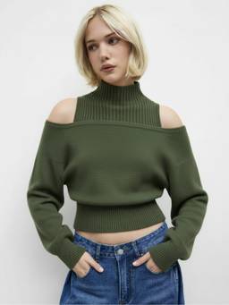 Cider - Women's Ribbed Off Shoulder Turtleneck Crop Top Olive