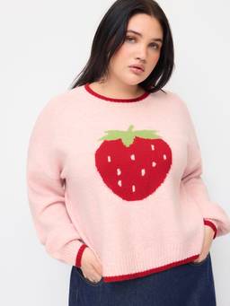 Cider - Strawberry Knit Women’s Oversized Round Neck Sweater Pink