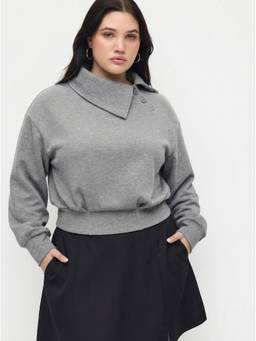 Cider - Asymmetrical Neck Women's Cinched Waist Sweatshirt Grey