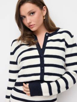Cider - Knit Striped Women's Button-Up Cardigan Dark Navy