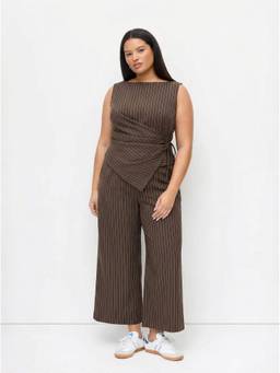 Cider - Striped Women's Boat Neck Wrap Knot Pant Set Brown
