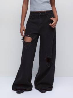 Cider - Low Rise Women Distressed Wide-Leg Jeans Black