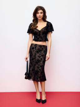 Cider - Mesh Women's Floral Lace Ruffled Skirt Set Black