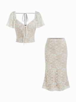 Cider - Mesh Sweetheart Women Floral Lace Ruffled Skirt Set Cream