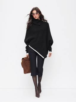 Cider - Knit Two Tone Women Asymmetrical Neck Batwing Sleeve Top Black
