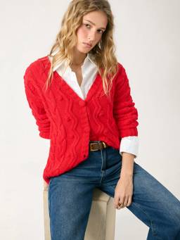 Cider - Cable Knit Women Oversized V-Neck Button-Up Cardigan Red