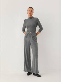 Cider - High Neck Women's Ruched Zipper Straight Leg Jumpsuit Grey