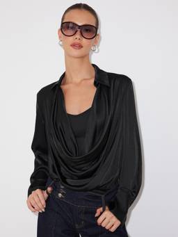 Cider - Satin Women's Cowl Neck Regular Fit Bodysuit Black