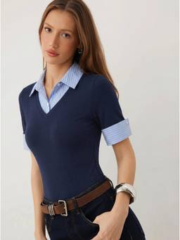 Cider - Two Tone Women's Collar V-Neck Short Sleeve Bodysuit Navy Blue