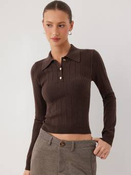 Cider - Knit Polo Women's Ribbed Metal Detail Top Coffee