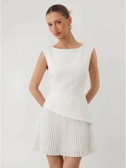 Cider - Pleated Women's Boat Neck A-Line Mini Dress Cream