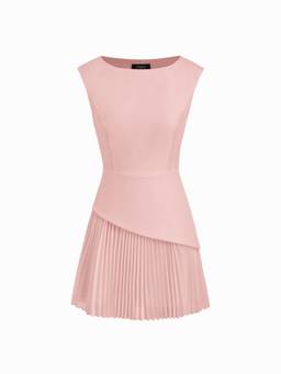 Cider - Pleated Women's Regular Fit Boat Neck A-Line Mini Dress Pink