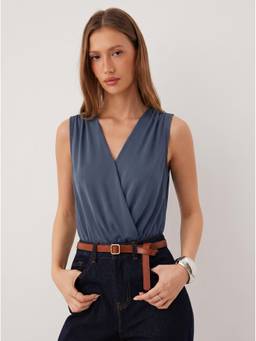 Cider - Ruched Women's V-Neck Sleeveless Playsuit Mid Blue
