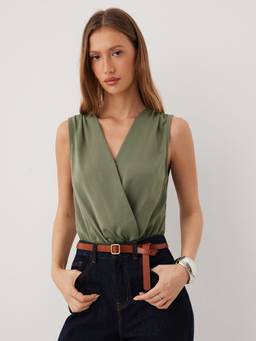 Cider - Ruched Women's V-Neck Solid Playsuit Olive