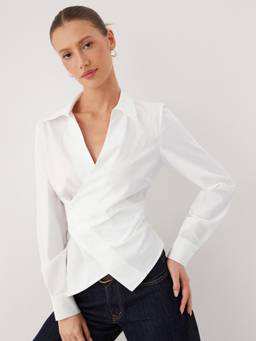 Cider - Cotton Blend Women V-Neck Wrap Blouse White