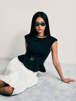 Cider - Belted Women's Boat Neck Ruffle Hem Peplum Top Black
